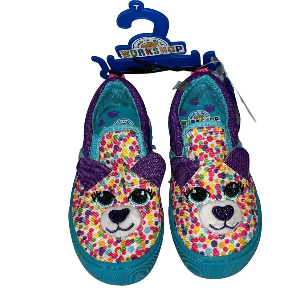 Build A Bear Workshop Blue Purple Polka Dot Kitty Slip On Shoes Girls Size 7 NEW